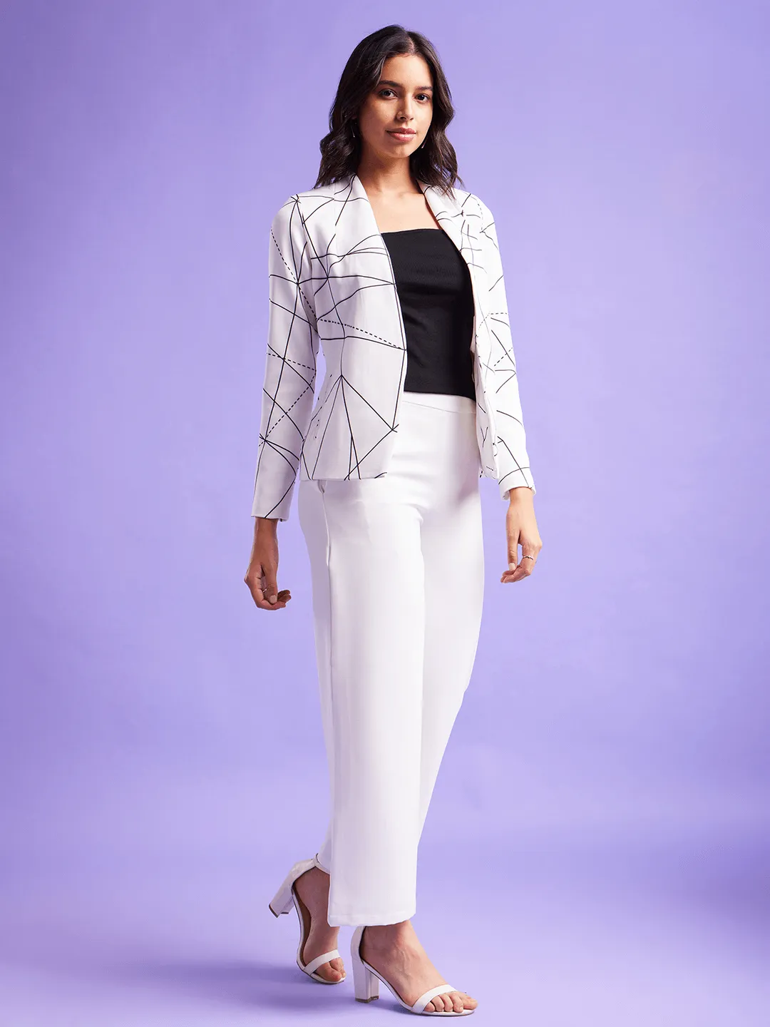 Geometric Open Front Blazer - White And Black