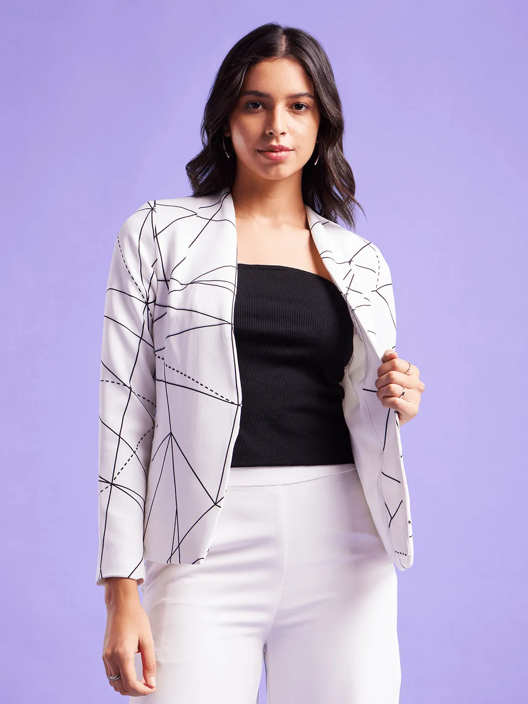 Geometric Open Front Blazer - White And Black