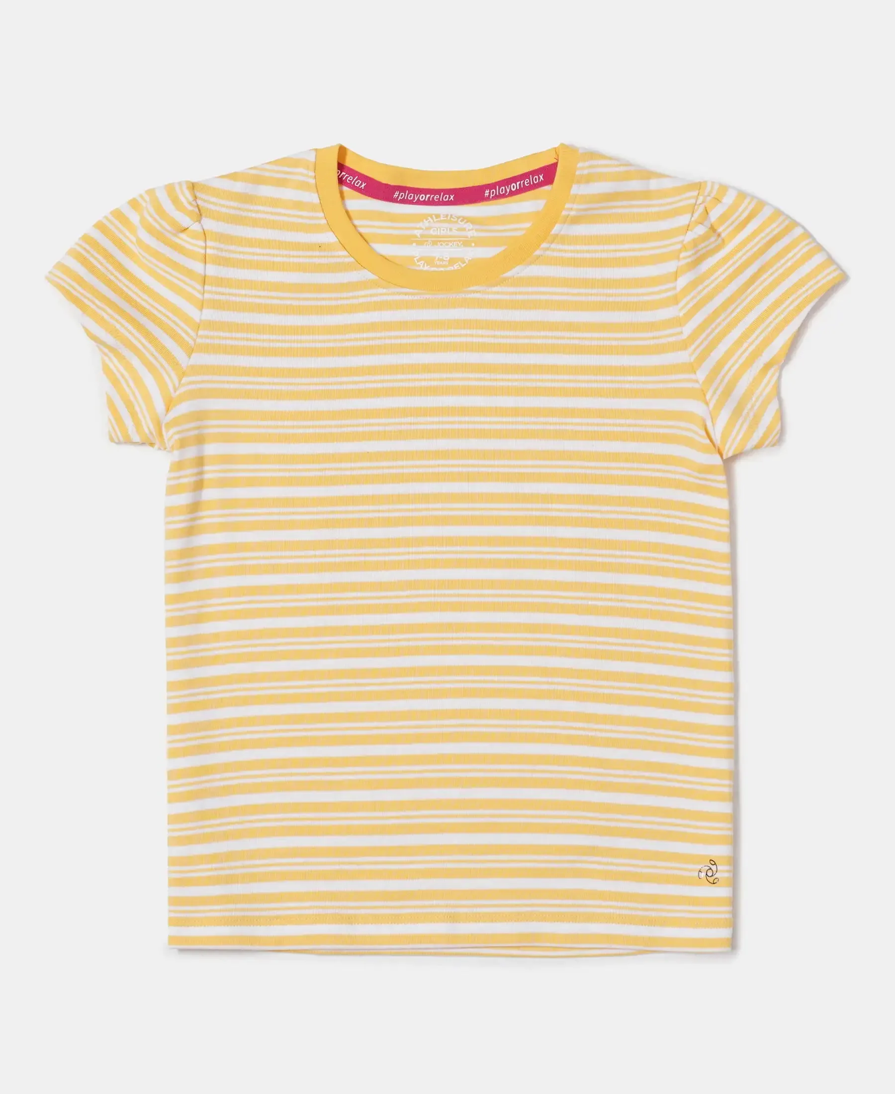 Girl's Super Combed Cotton Elastane Stretch Rib Striped Short Sleeve T-Shirt - Banana Cream & White