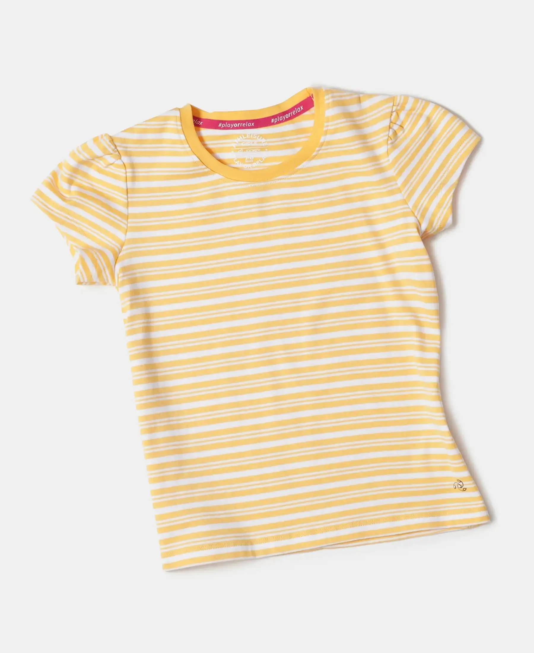 Girl's Super Combed Cotton Elastane Stretch Rib Striped Short Sleeve T-Shirt - Banana Cream & White