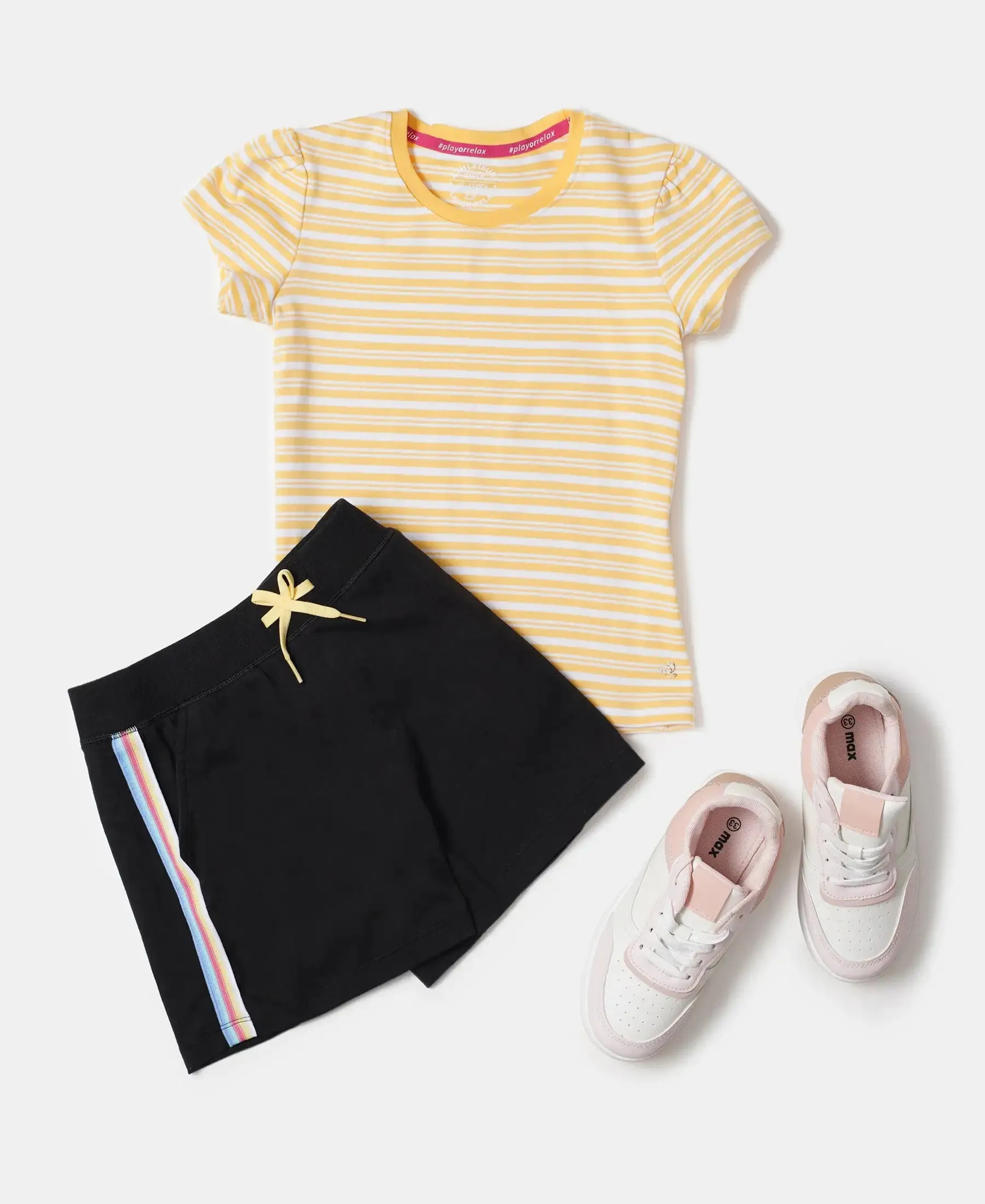 Girl's Super Combed Cotton Elastane Stretch Rib Striped Short Sleeve T-Shirt - Banana Cream & White