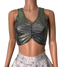 Gleaming Silver Sparkle Holographic Ruched Crop Top Tank