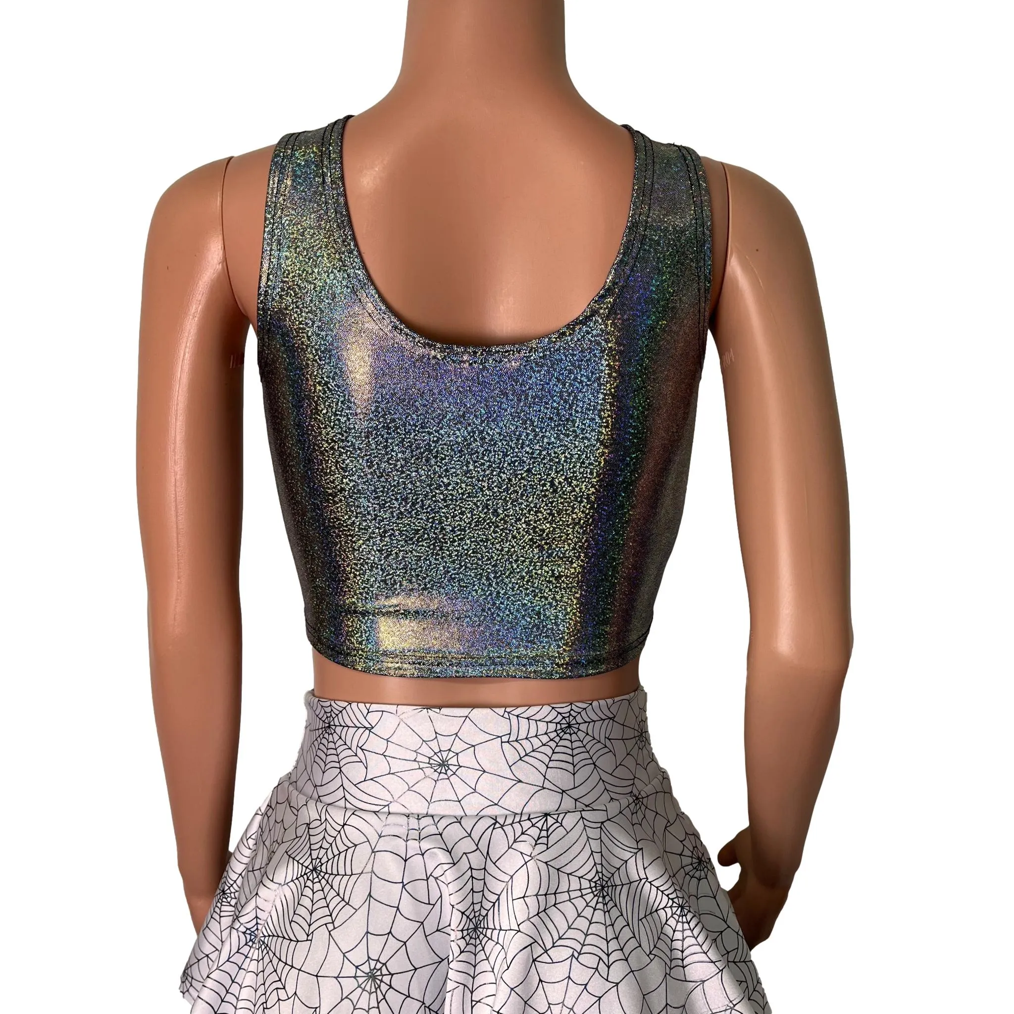 Gleaming Silver Sparkle Holographic Ruched Crop Top Tank