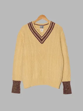 GR816 Gilles Rosier 1990s cream cable knit wool contrast trim v-neck jumper - 50