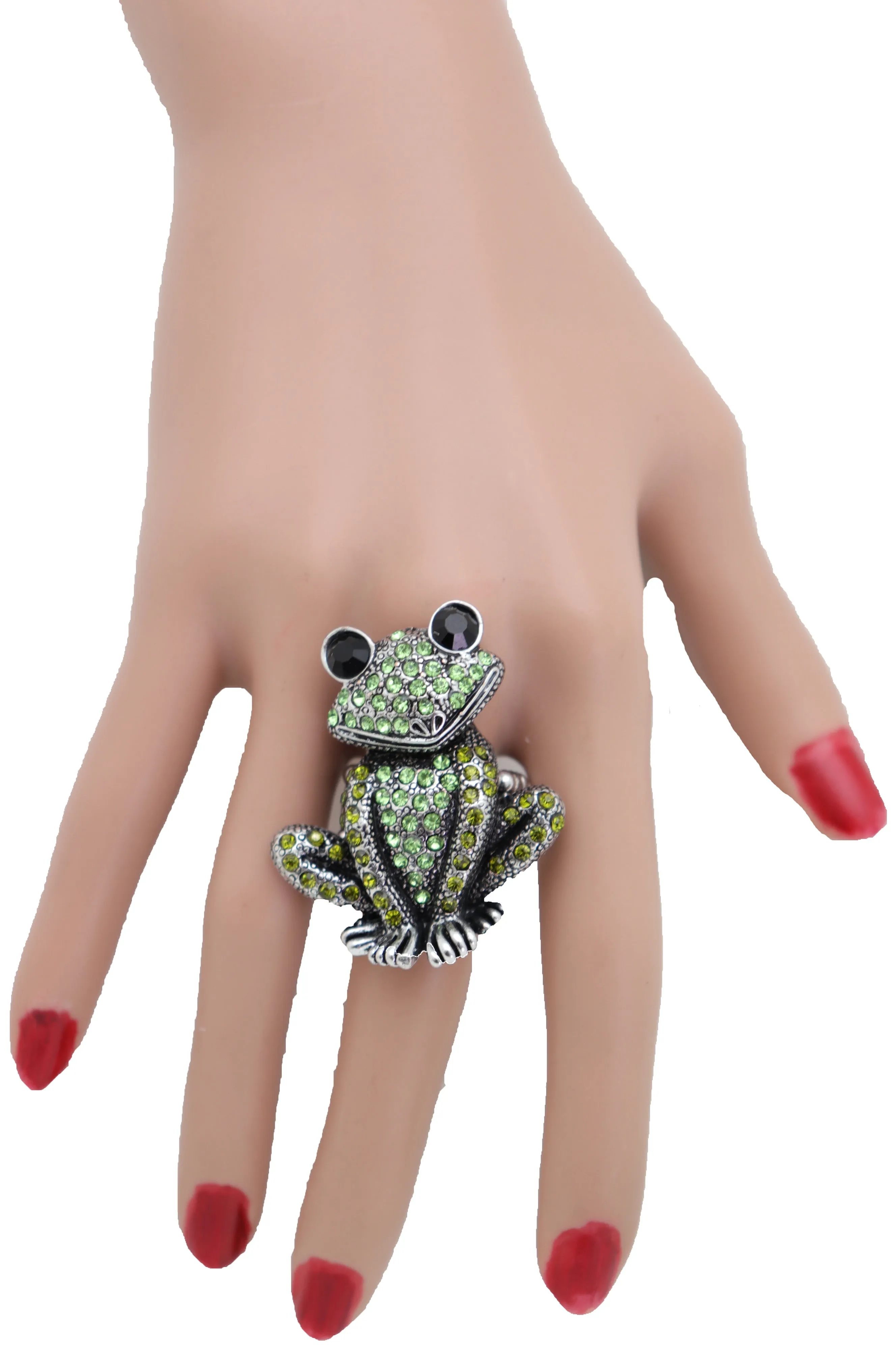 Green Rhinestone Silver Metal Frog Ring