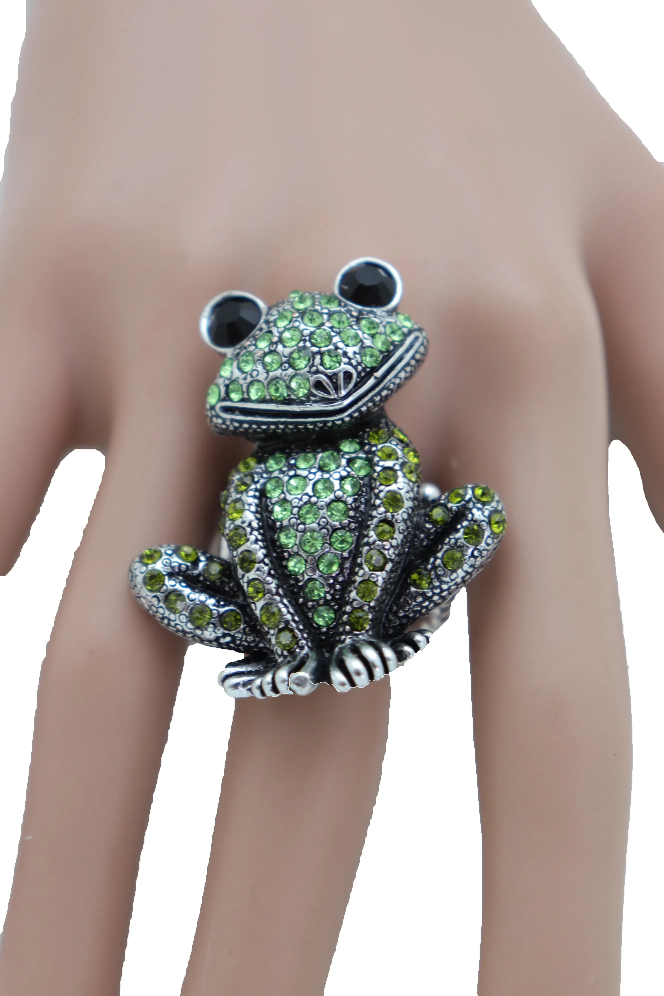 Green Rhinestone Silver Metal Frog Ring