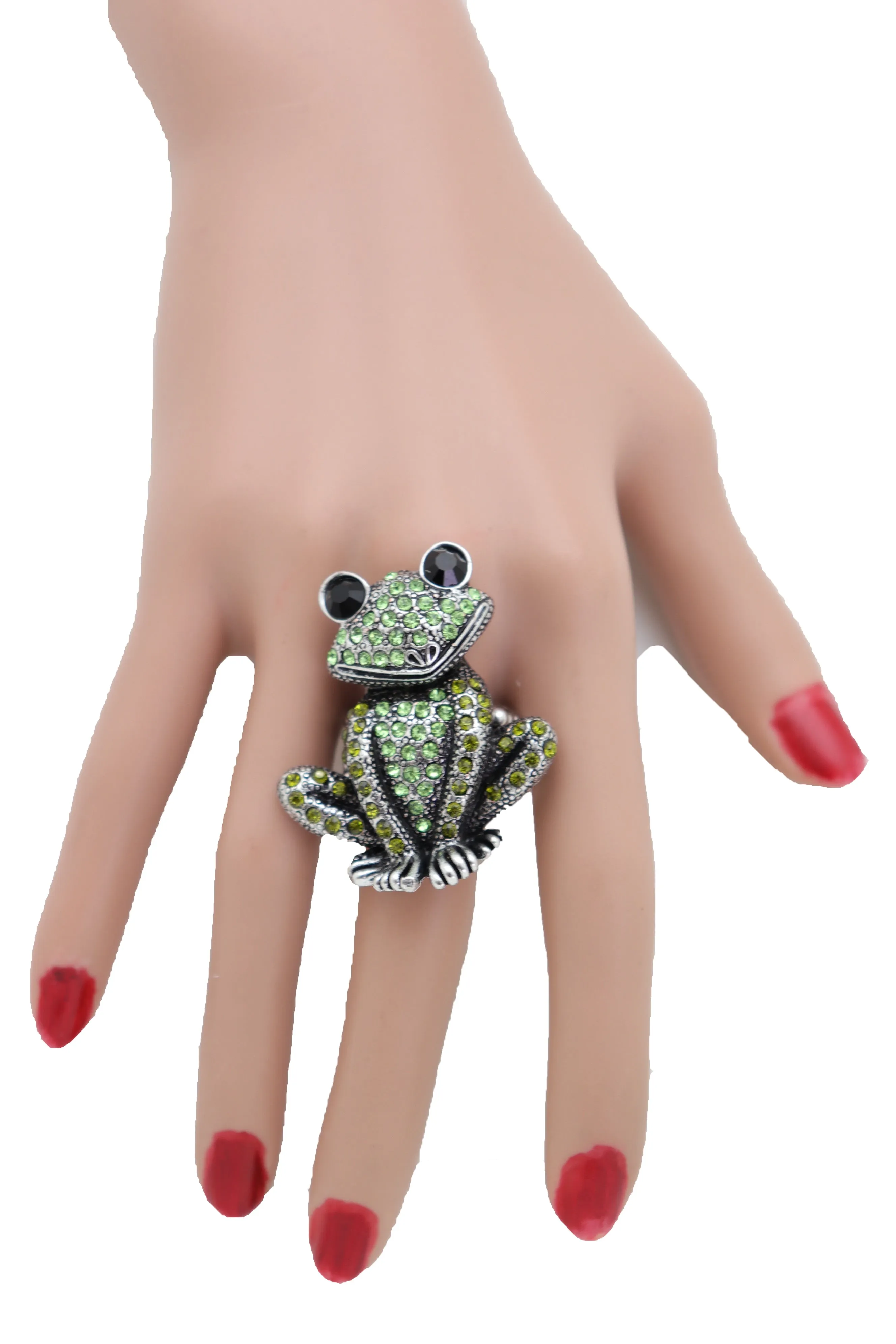 Green Rhinestone Silver Metal Frog Ring