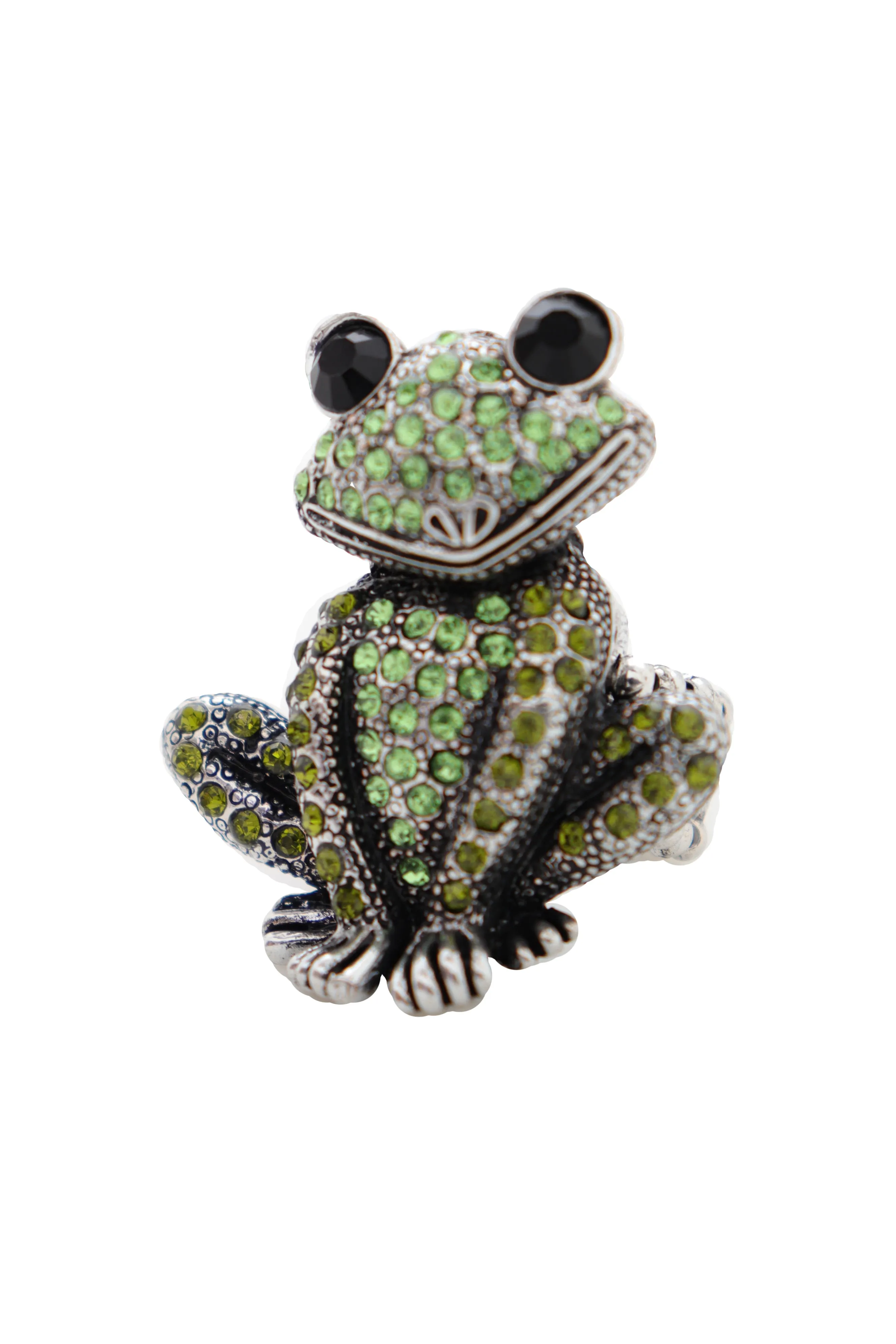 Green Rhinestone Silver Metal Frog Ring