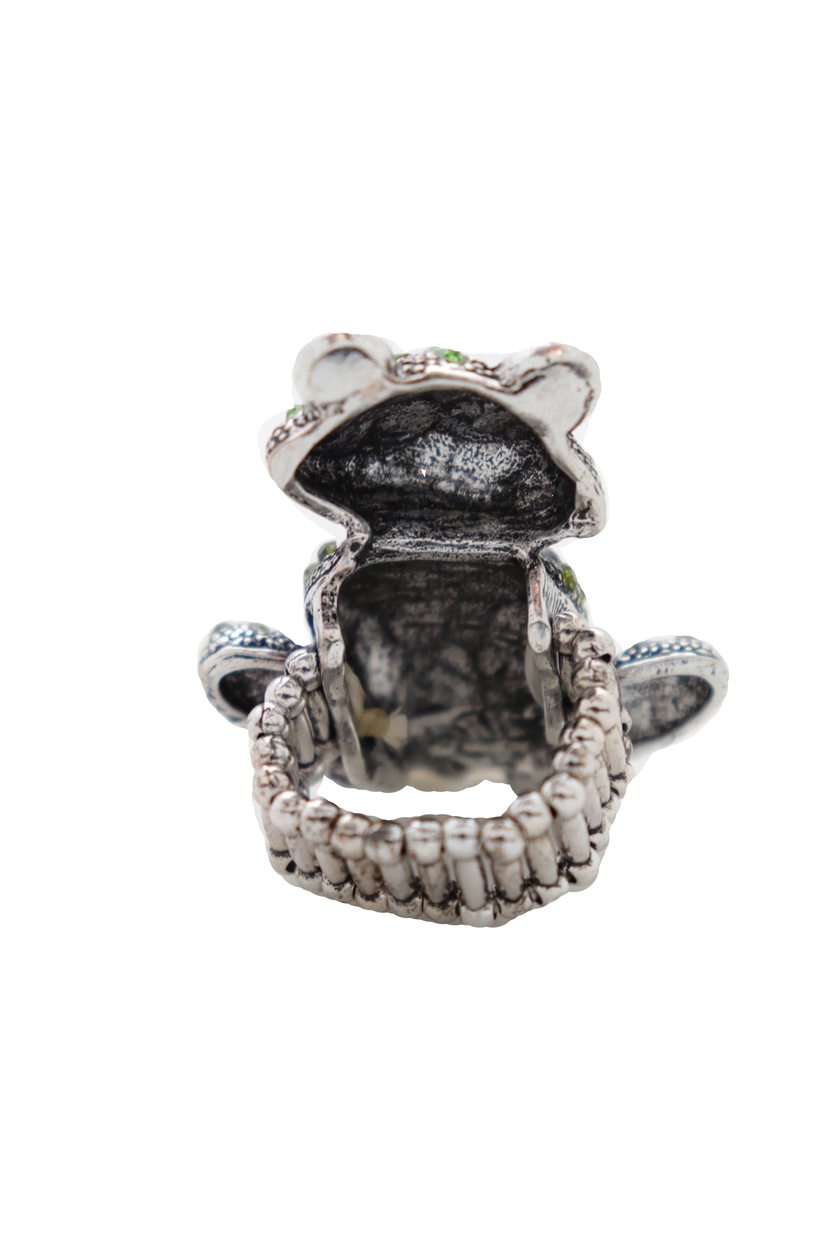 Green Rhinestone Silver Metal Frog Ring