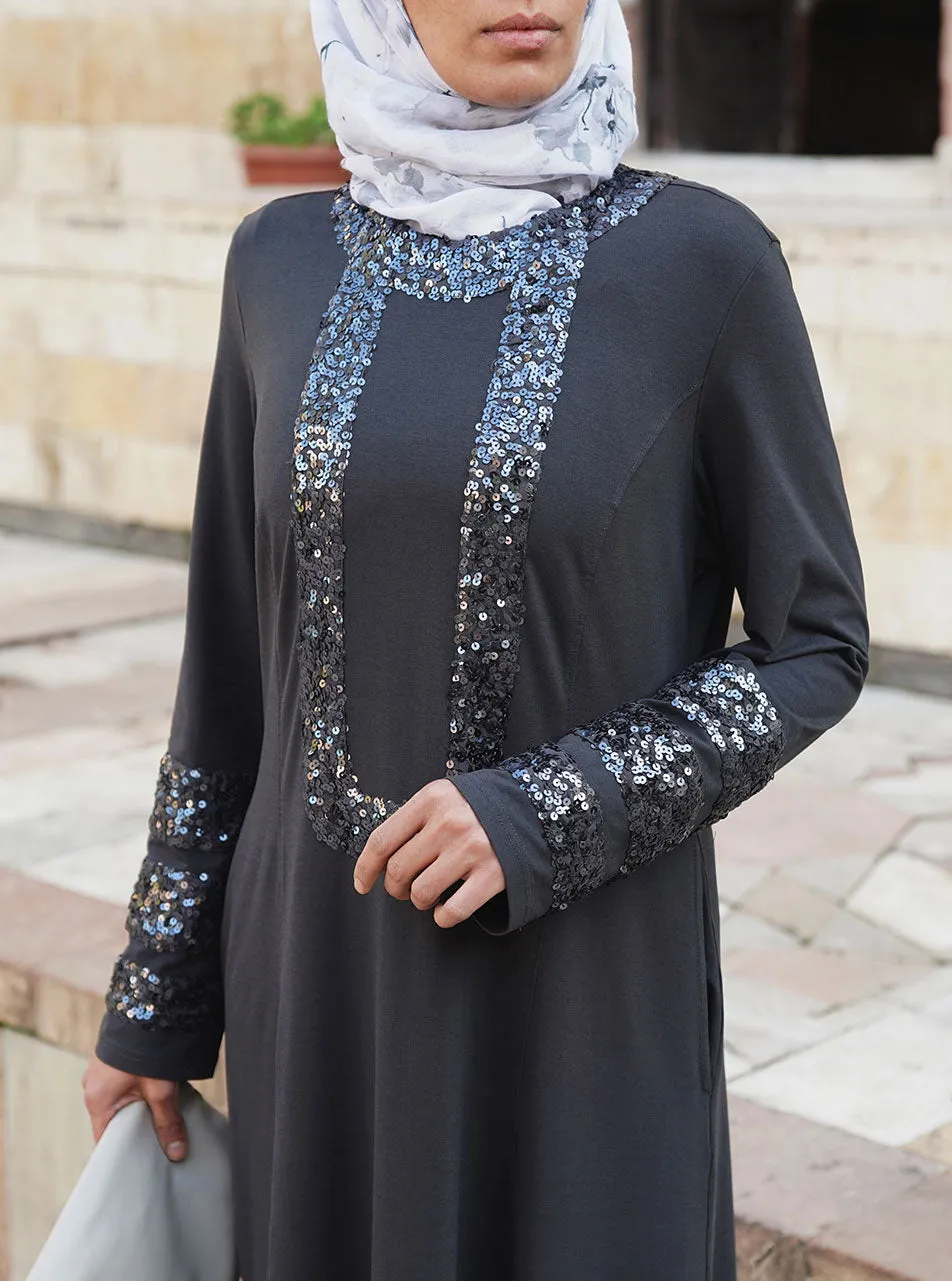 Grey Sequined Abaya