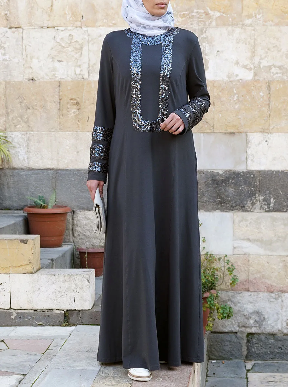 Grey Sequined Abaya