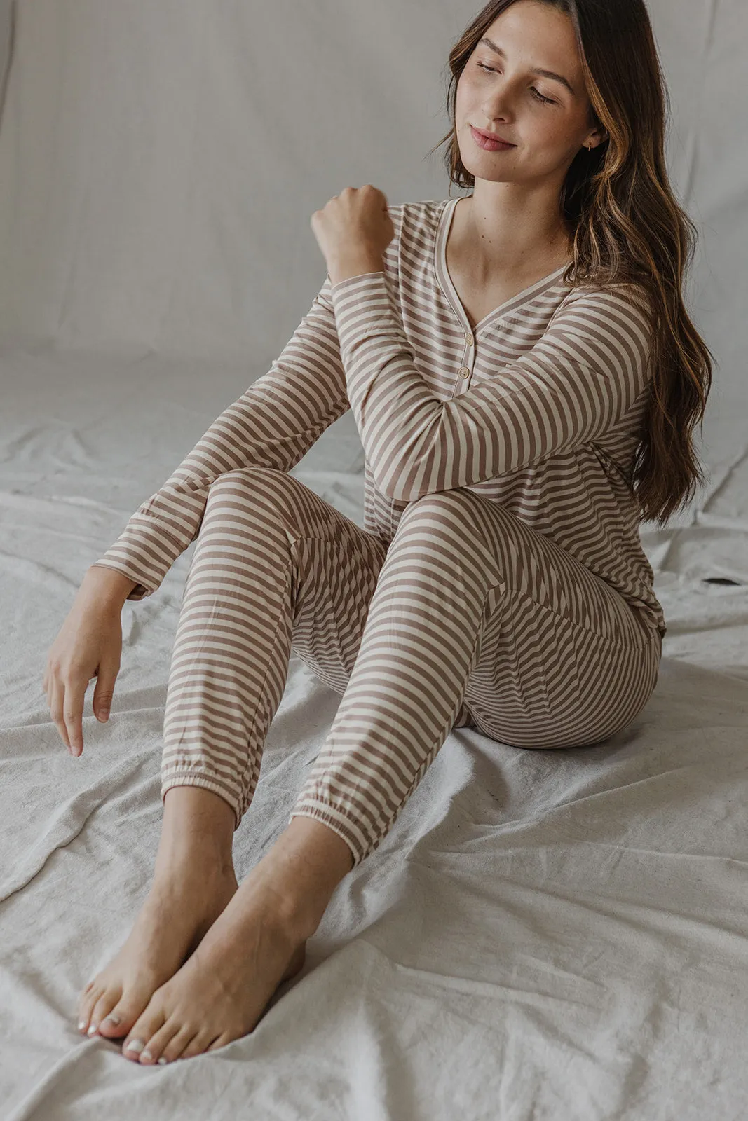 HENLEY PANTS SET LONG SLEEVE | Tan & Cream Stripe