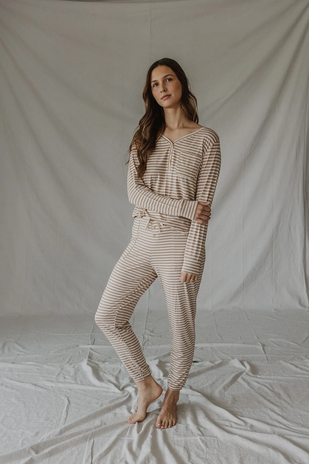 HENLEY PANTS SET LONG SLEEVE | Tan & Cream Stripe