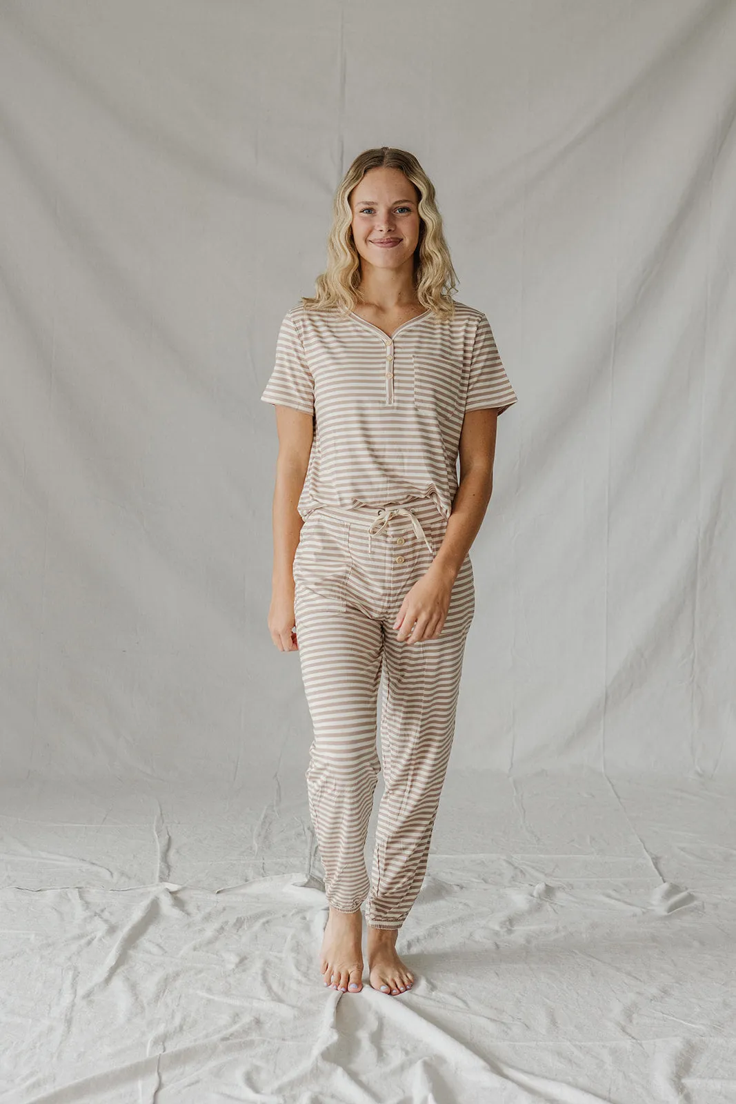 HENLEY PANTS SET SHORT SLEEVE | Tan & Cream Stripe