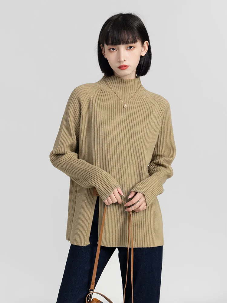 High Collar Split Hem Ribbed Sweater