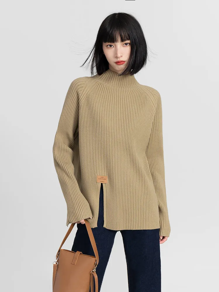 High Collar Split Hem Ribbed Sweater