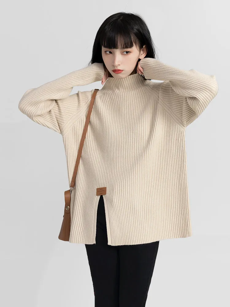 High Collar Split Hem Ribbed Sweater