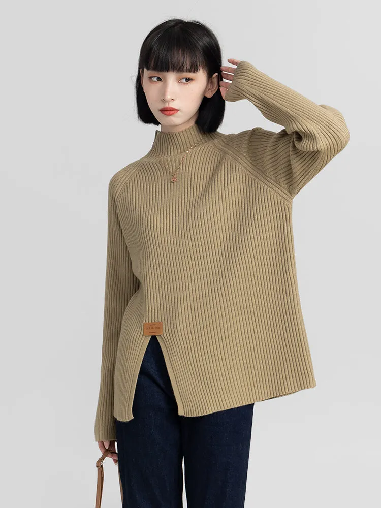 High Collar Split Hem Ribbed Sweater