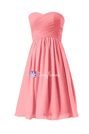 Inexpensive Light Coral Chiffon Bridesmaids Dress Knee Length Strapless Party Dress (BM333AS)