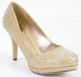 Jeweled Glitter Beaded Formal Party Low Heels Gold Pumps