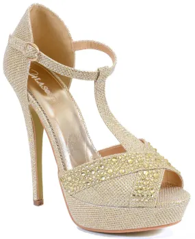 Jeweled Glitter Beaded Peep-toe T-strap Formal Party Heels