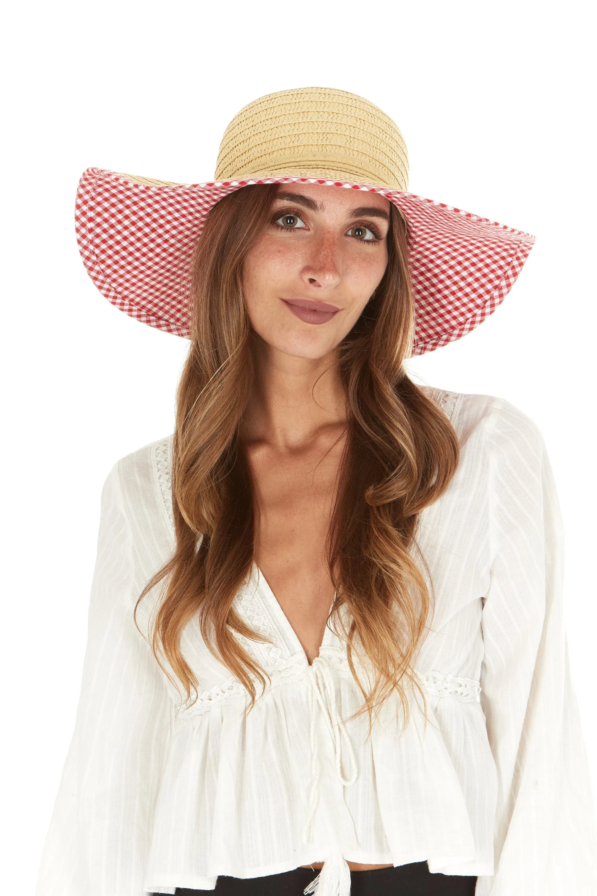 Laundry by Design Women Summer Beach Floppy Travel Gingham Brim Straw Hat