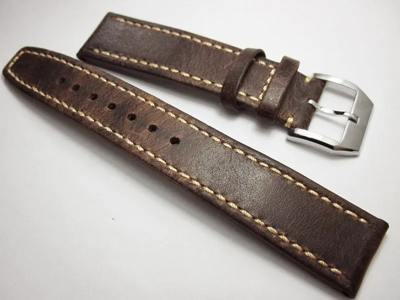 Leather Watch Strap 21mm 20mm Brown Leather and White Stitches Black Bay 58 Bronze Red Blue Flieger B Uhr Pilot Watch Gt2 Square Leather Cowhide Strap