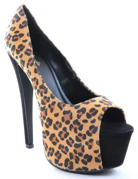 Leopard Peep Toe Platform Pump Heels Faux Suede