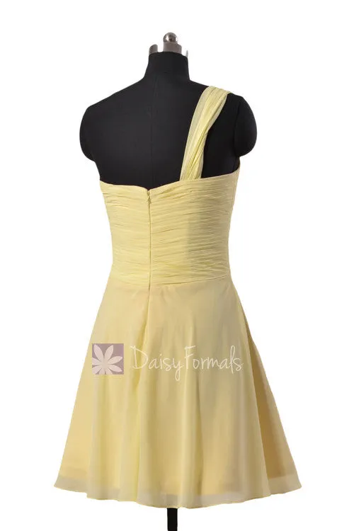 Light Yellow Chiffon One Shoulder Chiffon Dress Mini Skirt Bridesmaid Dress (BM2430RN)