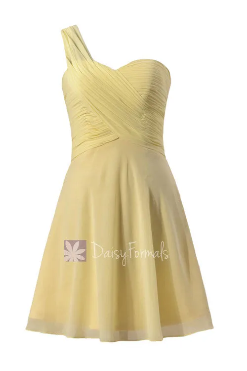 Light Yellow Chiffon One Shoulder Chiffon Dress Mini Skirt Bridesmaid Dress (BM2430RN)