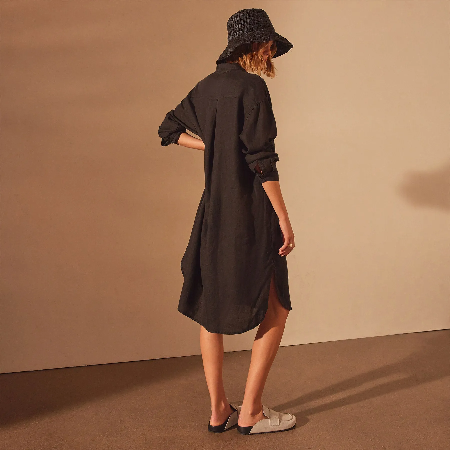 Linen Shirt Dress - Black