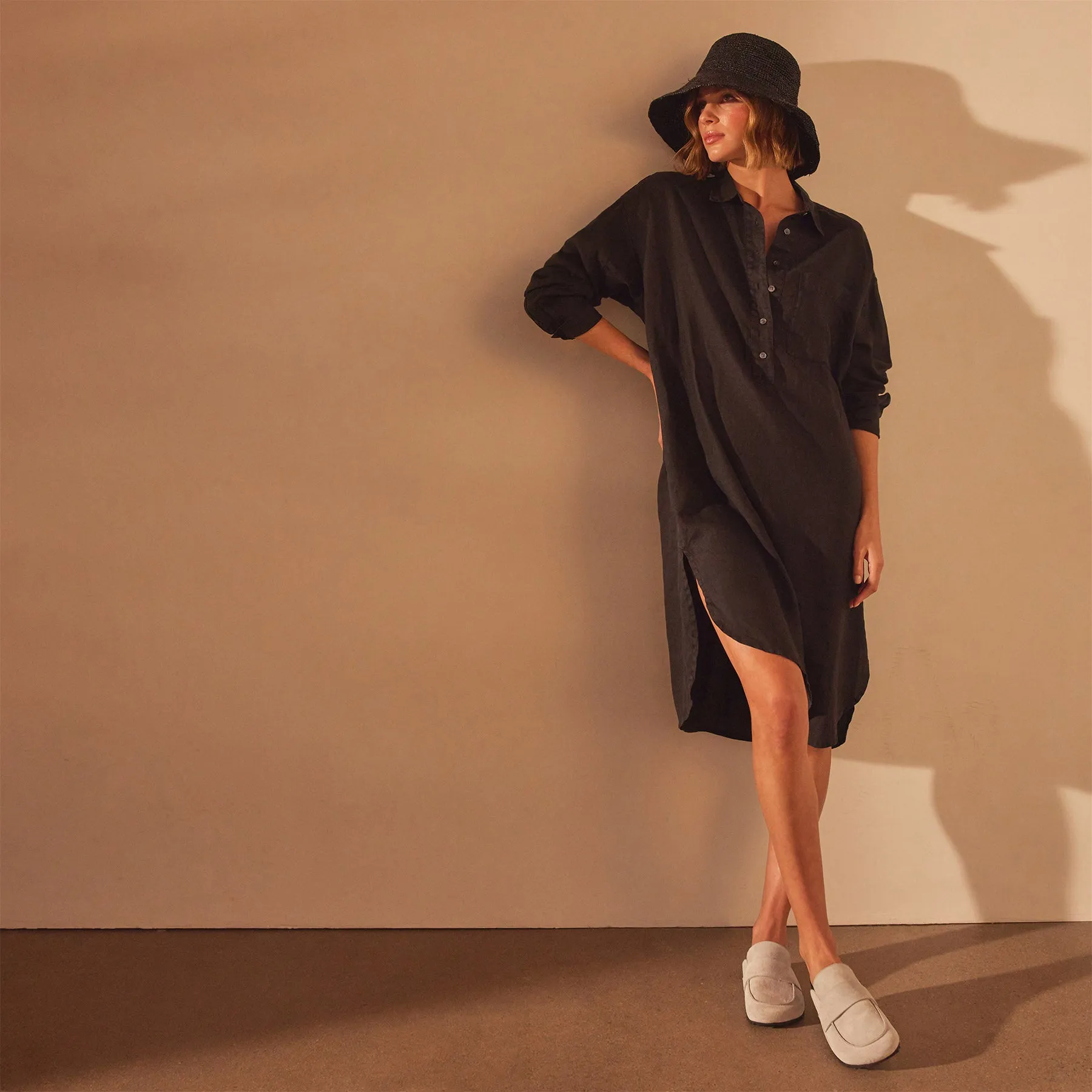 Linen Shirt Dress - Black