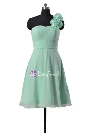 Lovely Short Mint Chiffon Bridesmaids Dress One Shoulder A-line Party Dress (BM10358)