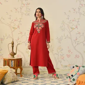 Maroon Woollen Aari Embroidered Floral Kurta Pant Set with Band Collar