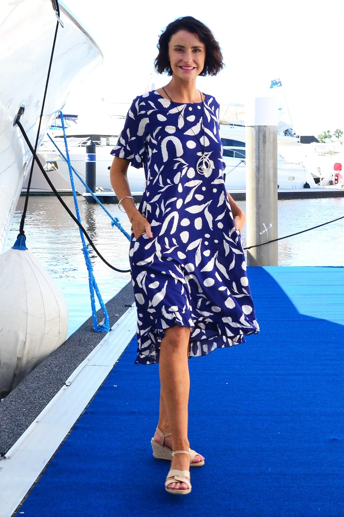 Navy White Spots Print Summer Dress