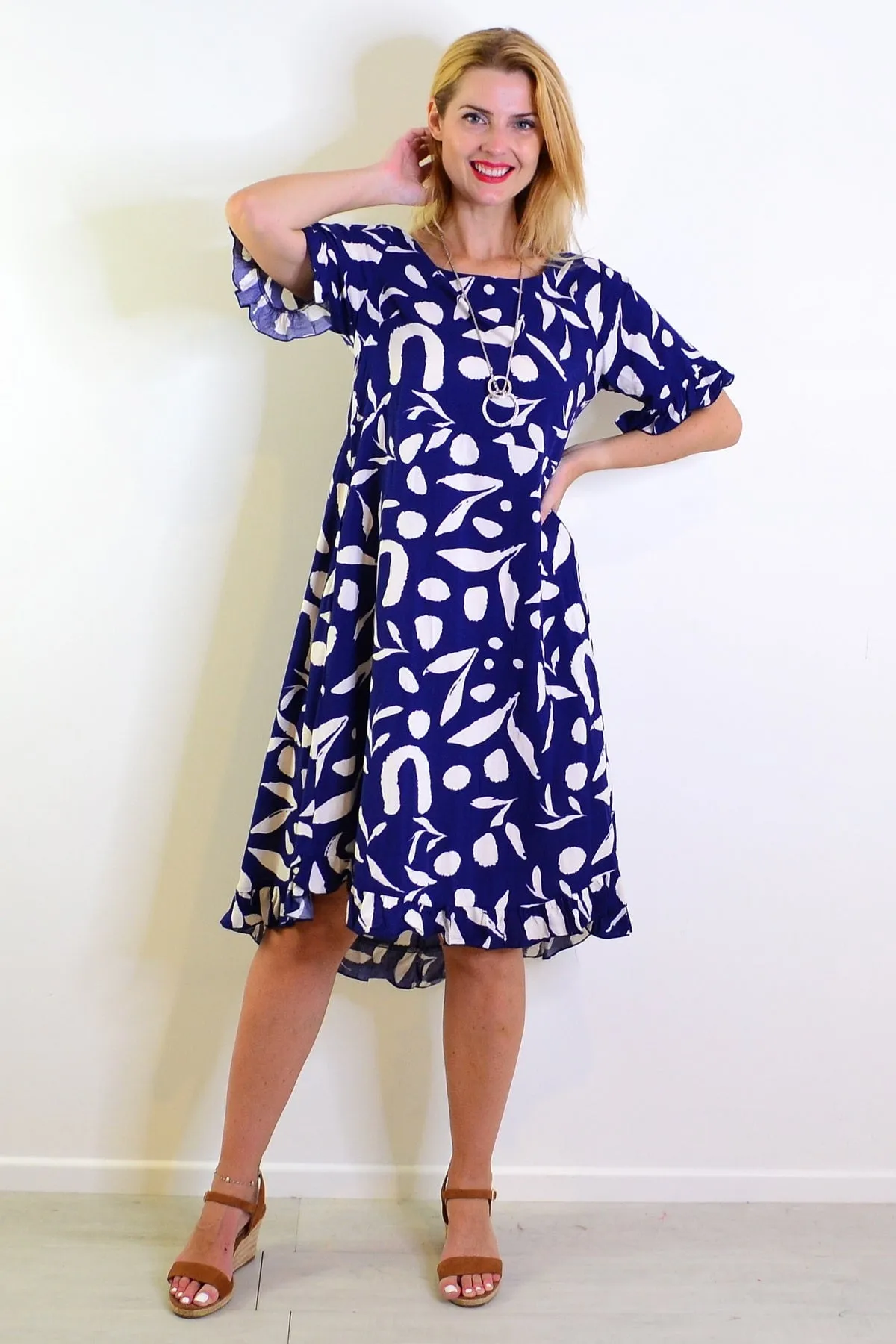 Navy White Spots Print Summer Dress