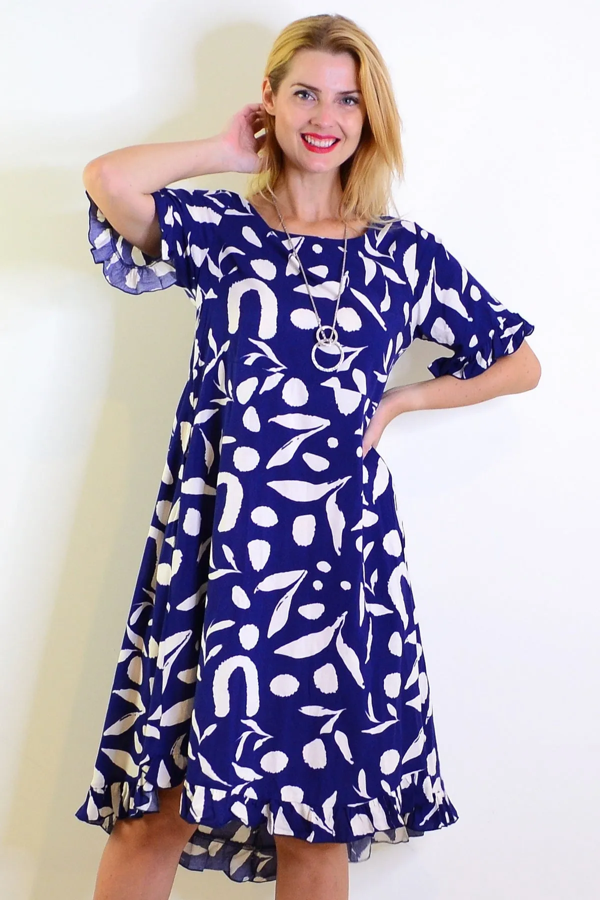 Navy White Spots Print Summer Dress