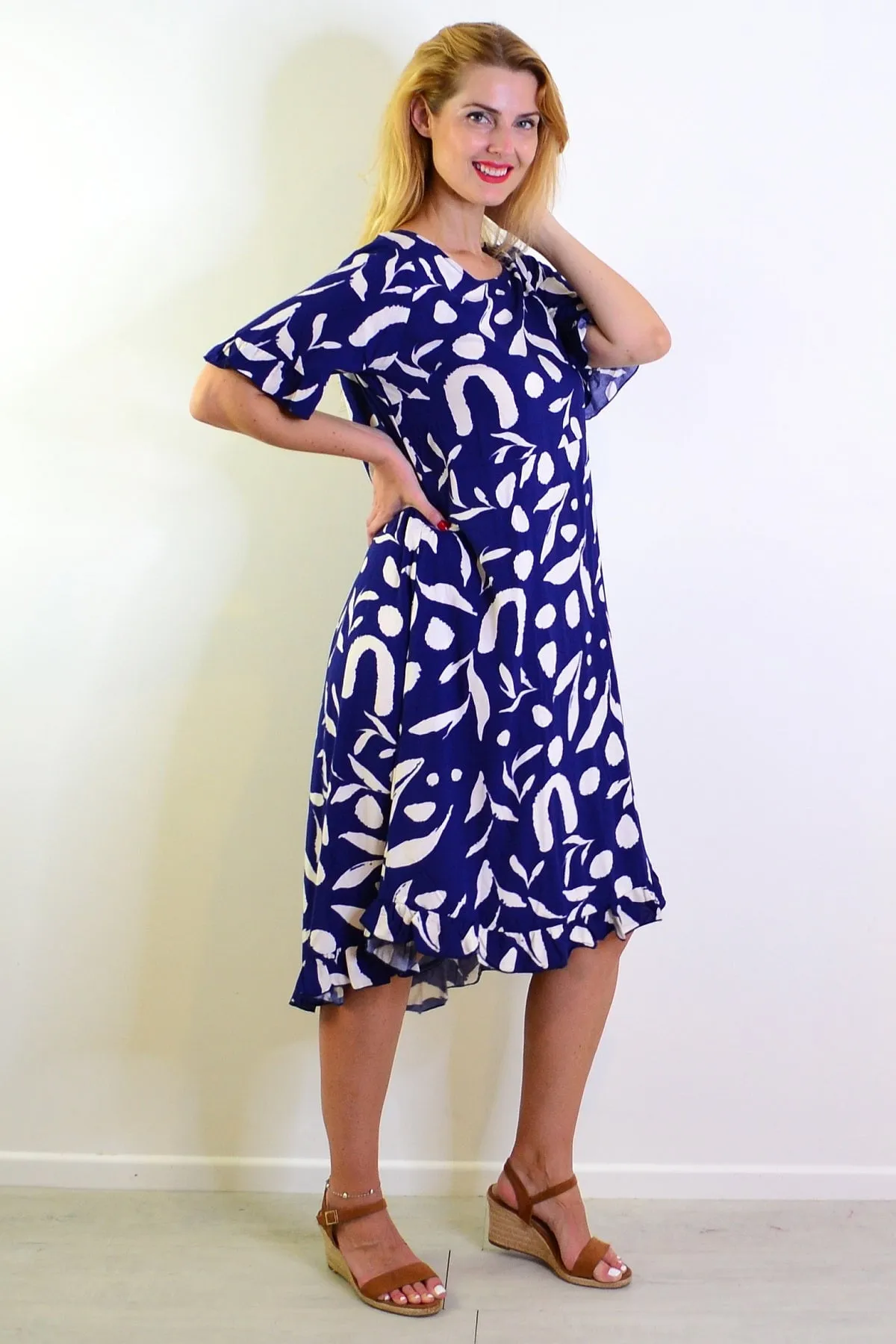 Navy White Spots Print Summer Dress