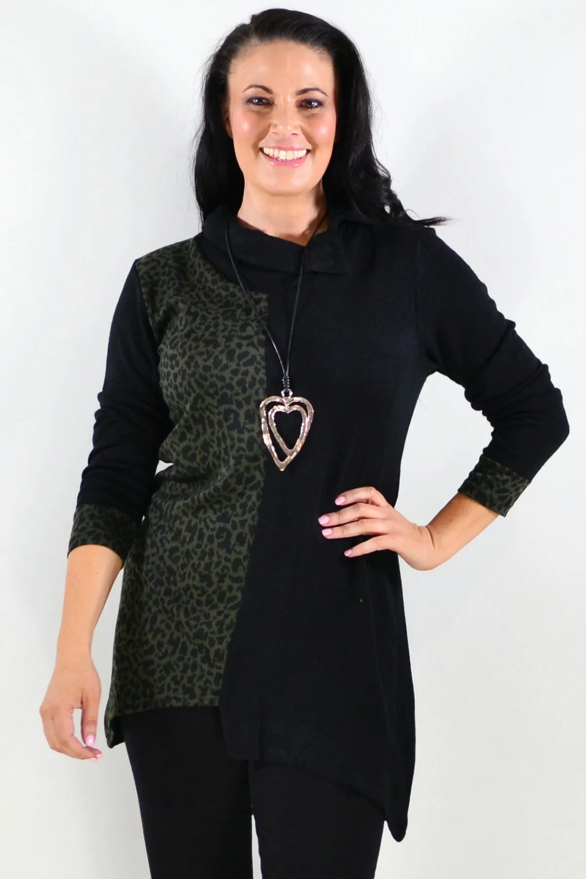 Olive Leopard Cuff Tunic Top