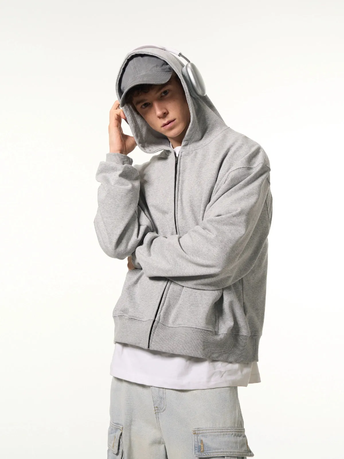 Oversized Boxy Mid-Crop Zip-Up Hoodie