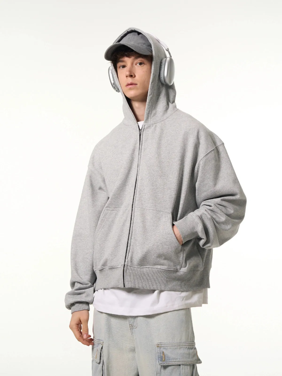 Oversized Boxy Mid-Crop Zip-Up Hoodie