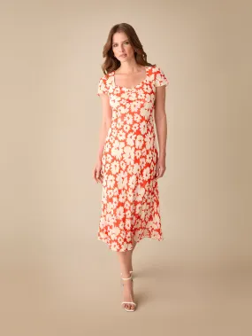 Petite Red Daisy Print Sweetheart Neckline Midi Dress