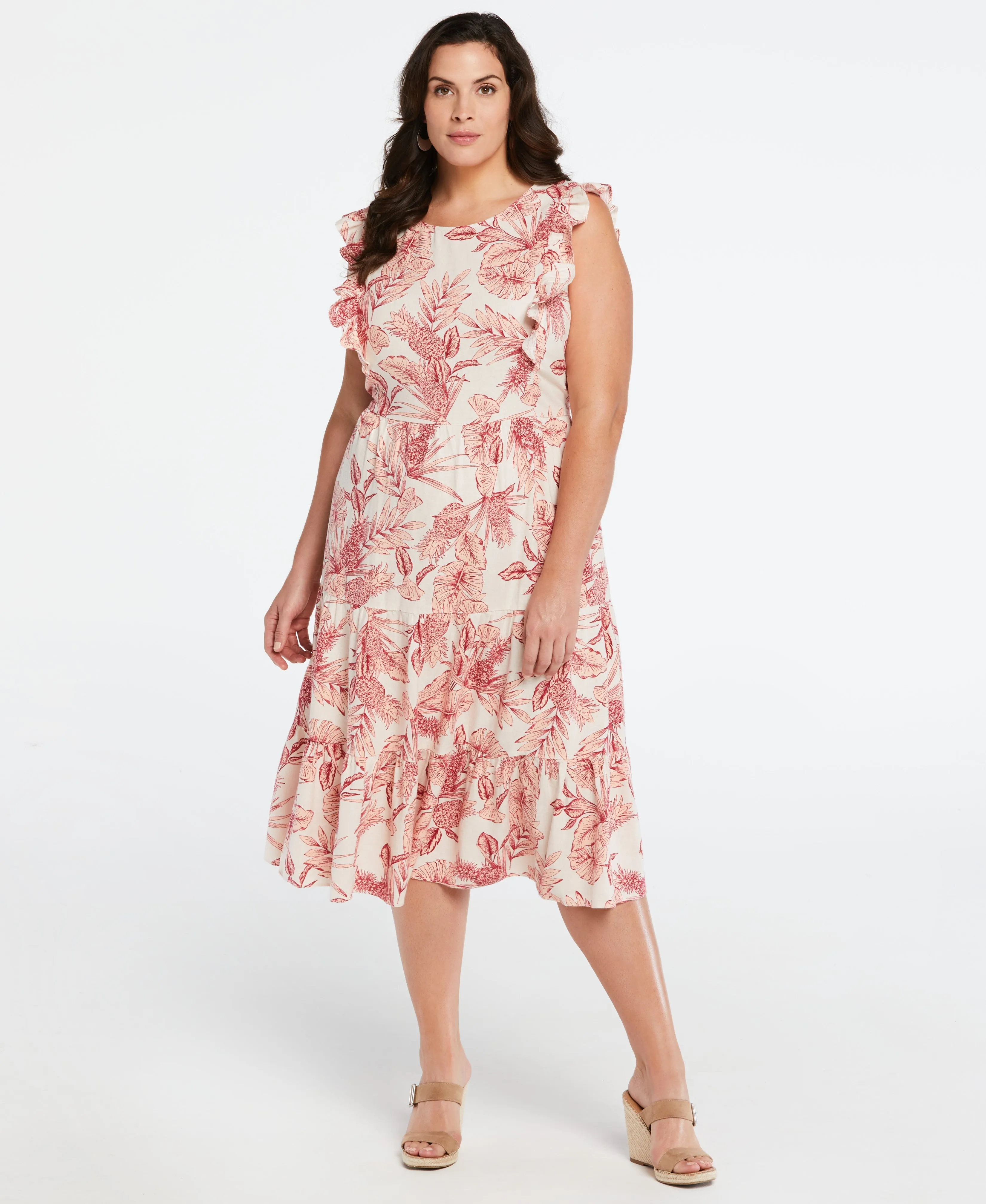 Plus Size Linen Blend Flutter Sleeve Midi Tiered Dress