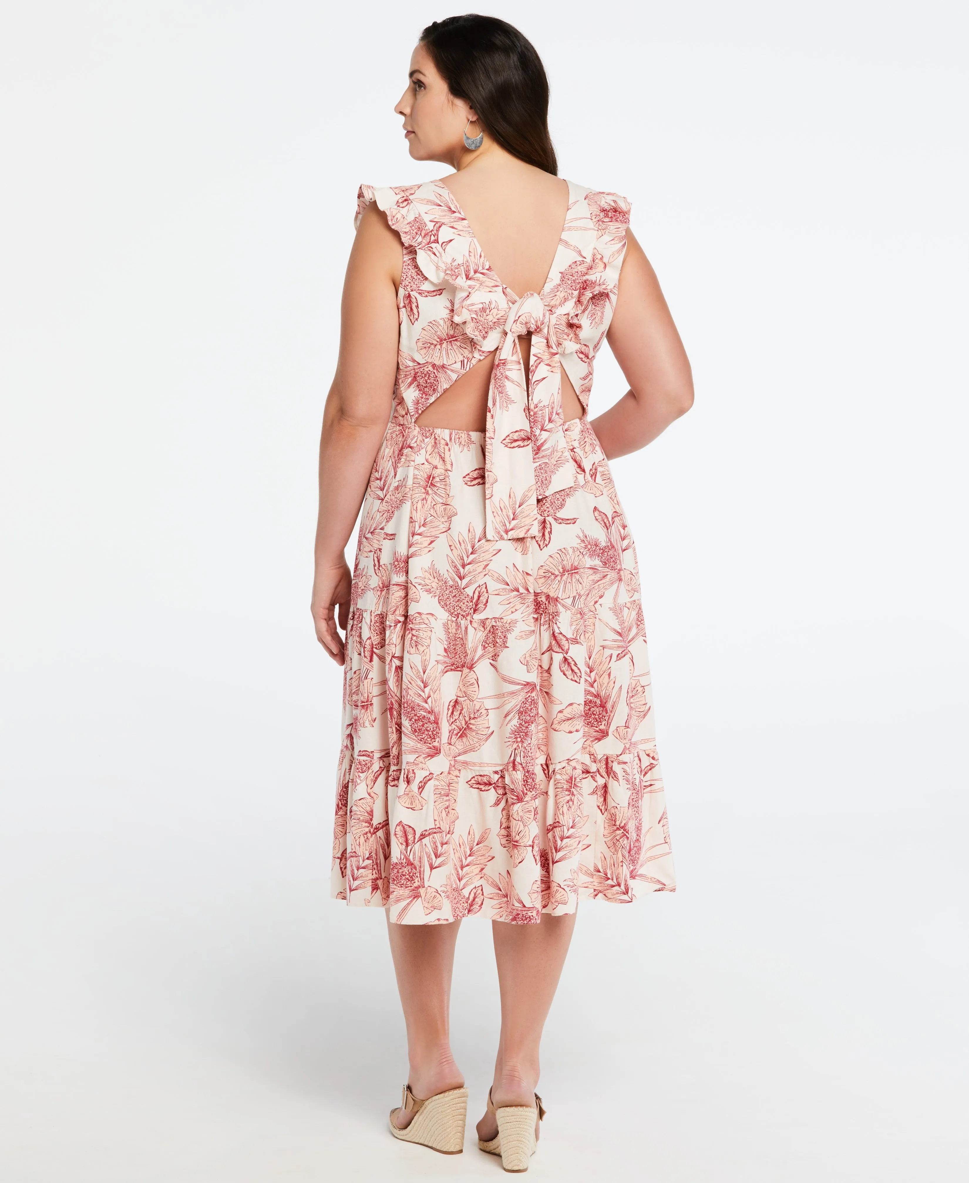 Plus Size Linen Blend Flutter Sleeve Midi Tiered Dress