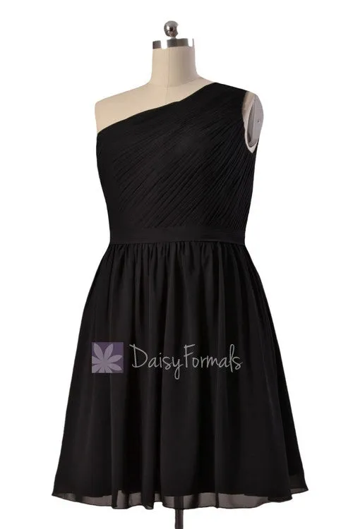 Plus Size Short One Shoulder Chiffon Bridesmaid Dress Black Formal Dress(BM10822S)