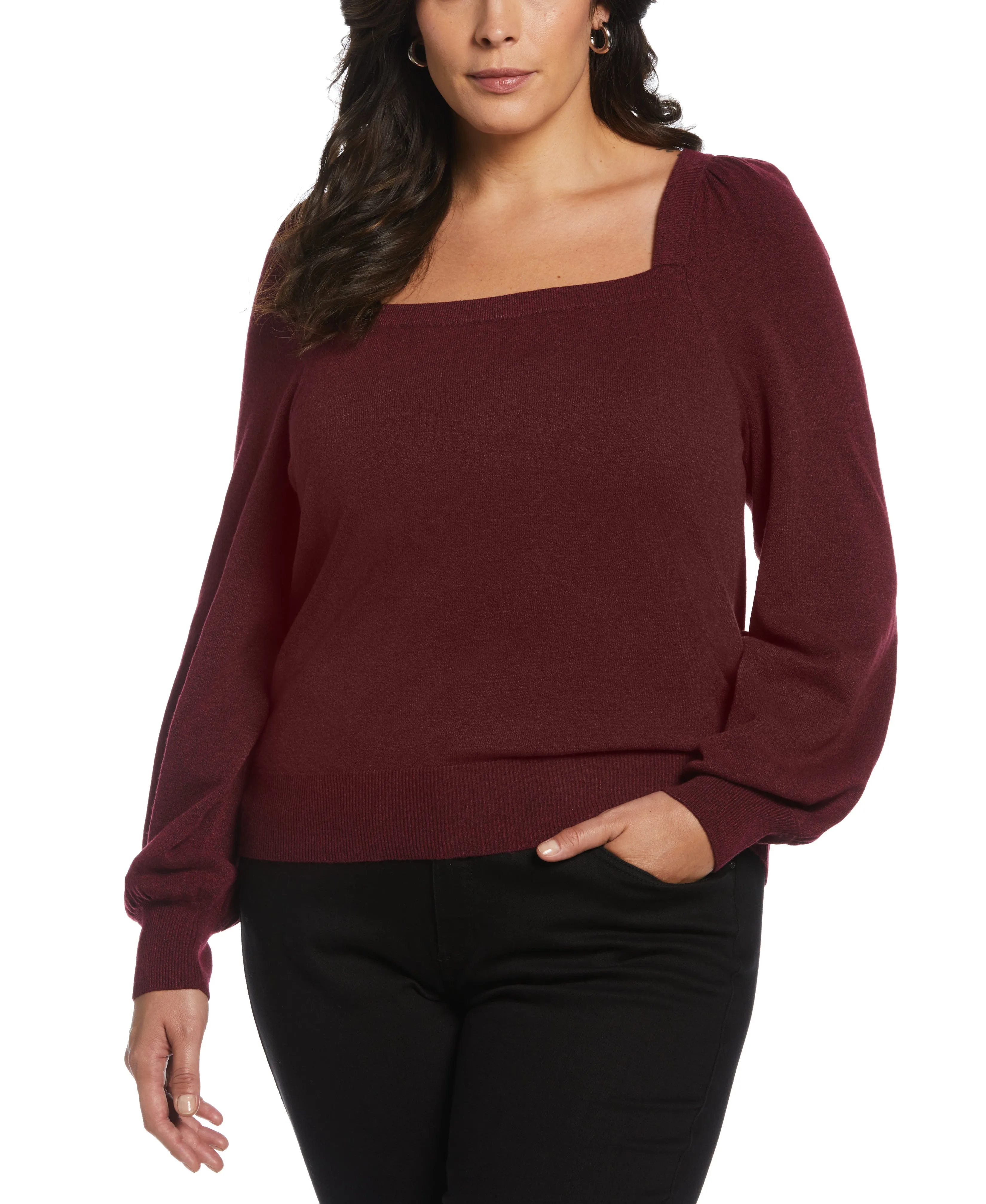 Plus Size Square Neck Puff Sleeve Sweater