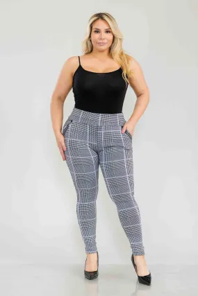 Plus Size Treggings With Zipper Pocket Trim - Black, White, Mauve Plaid