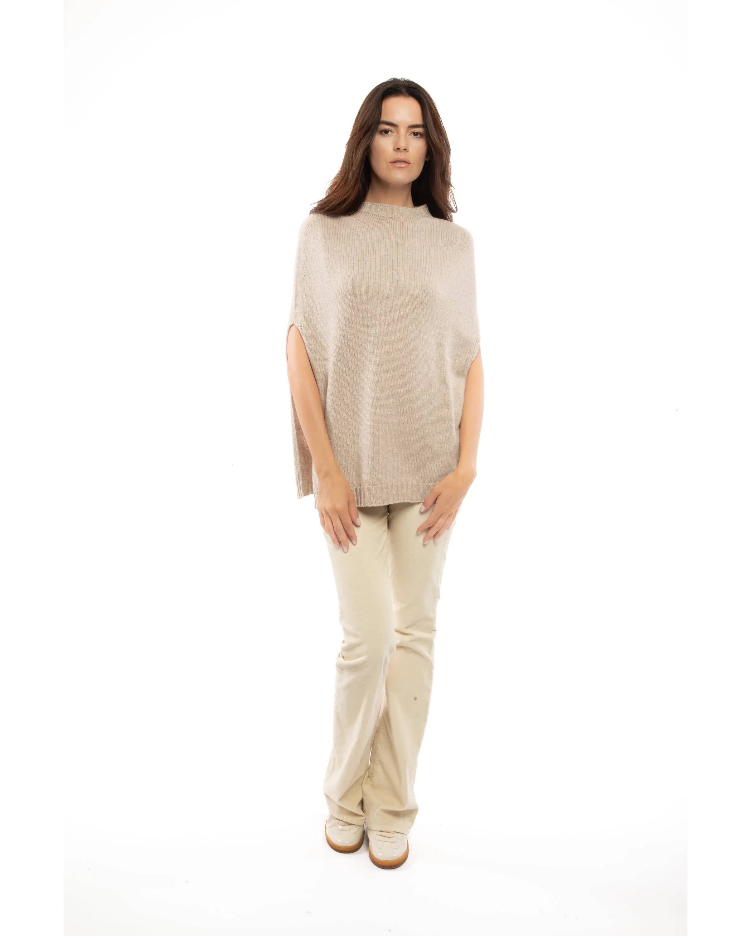 Pure Cashmere Side Slits Poncho Beige