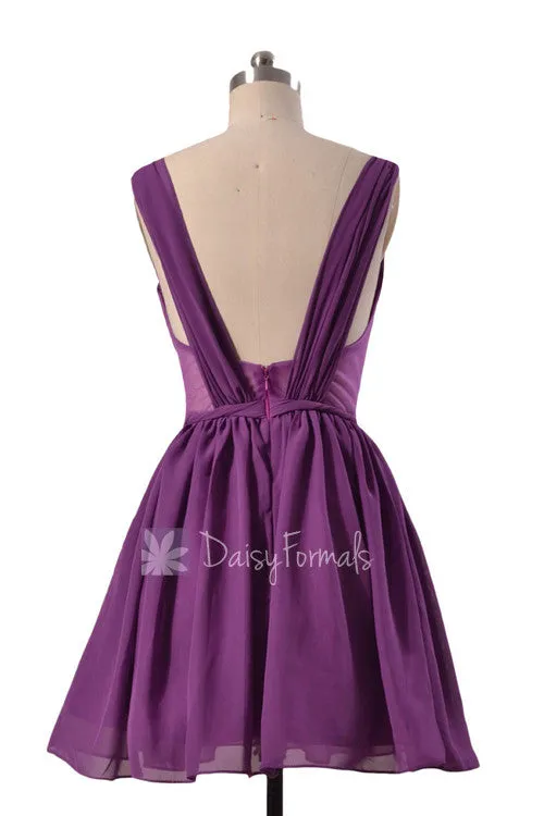 Purple Sweetheart Chiffon Mini Skirt Bridesmaid Dress W/Straps Sexy Short Prom Dress(BM1426A)