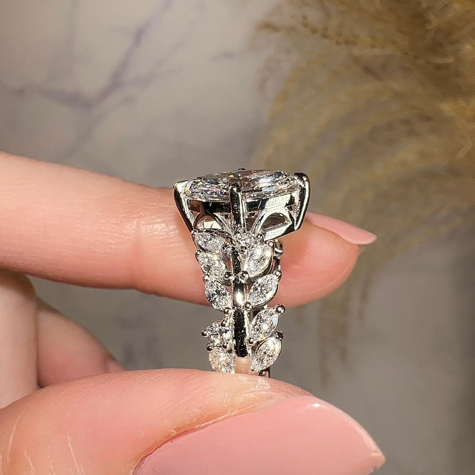 "Nevena" 1 Carat Marquise Cut Leaf Foliage Cut Diamond Platinum Engagement Ring